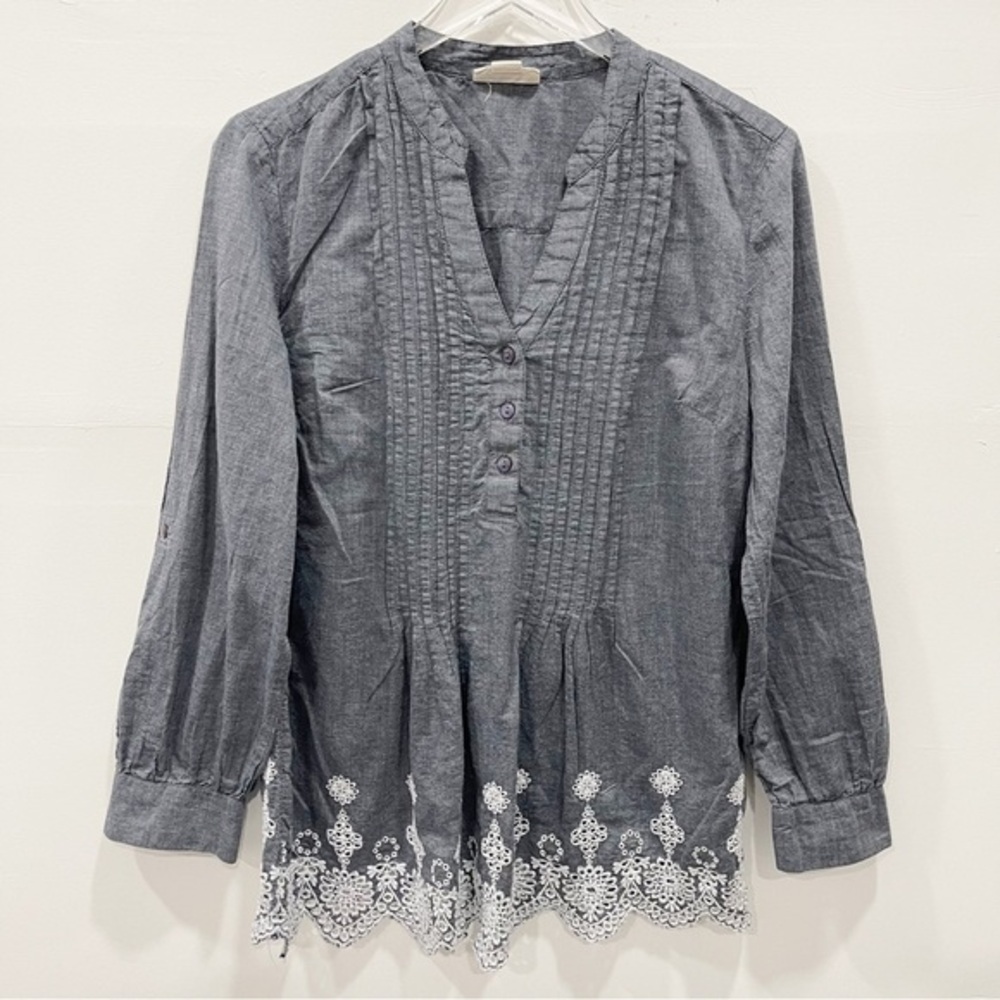 Style & Co V-Neck Pleated Chambray Lace Trim Tunic Top Cotton Medium